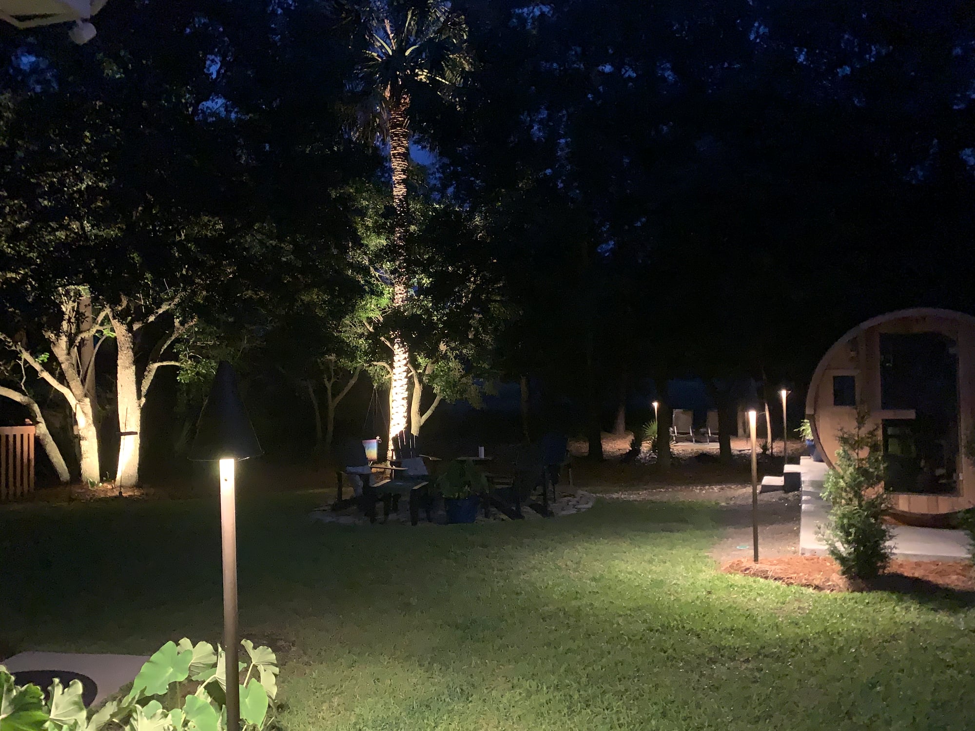 Nighttime backyard landscape lighting installation featuring uplighting on oaks and a tall palm, warm bollard pathway lights across a green lawn, and a cedar barrel sauna illuminated on the right.